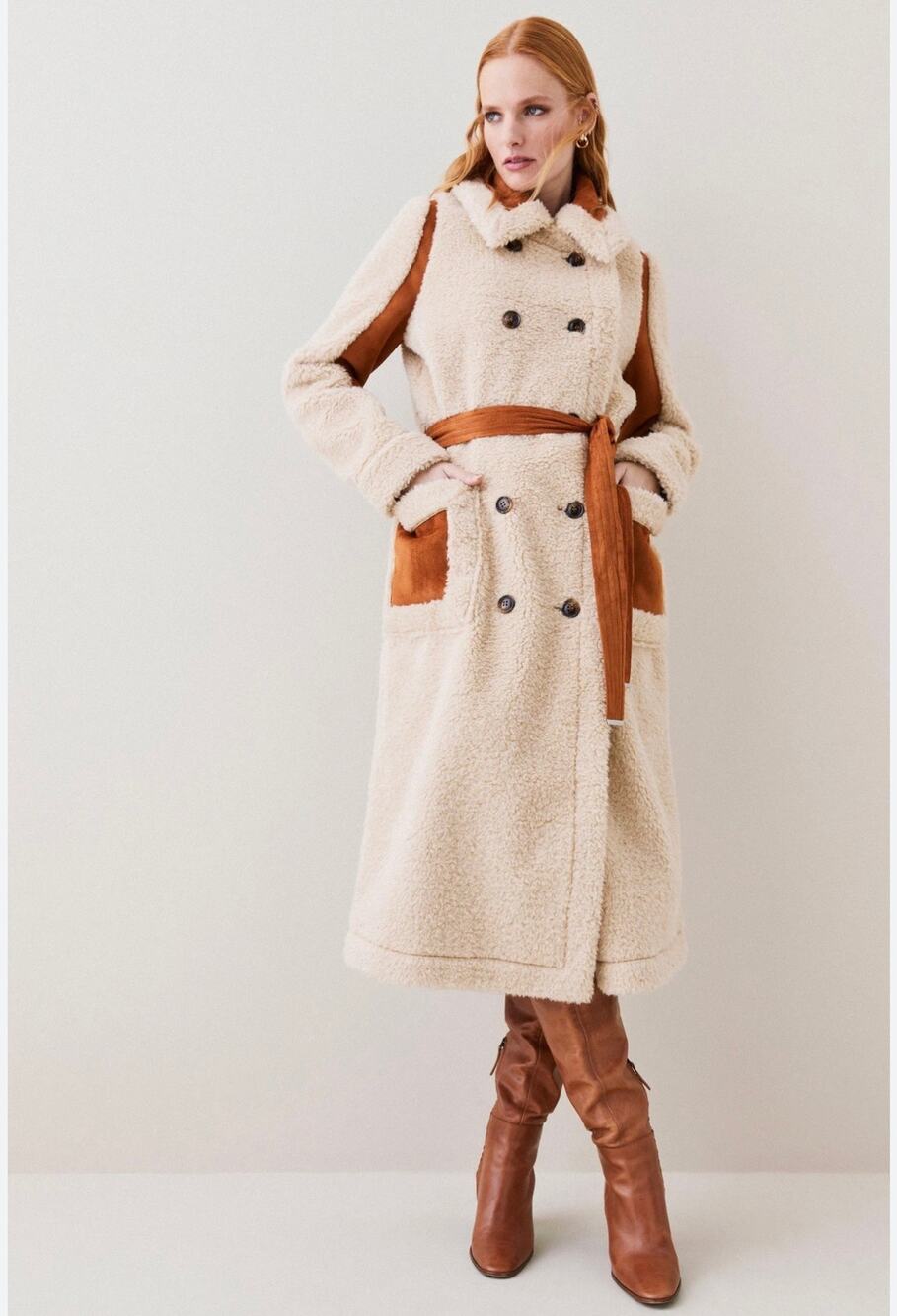 KAREN MILLEN Longline Faux Shearling & Teddy Belted Coat Colour: Cream /Brown